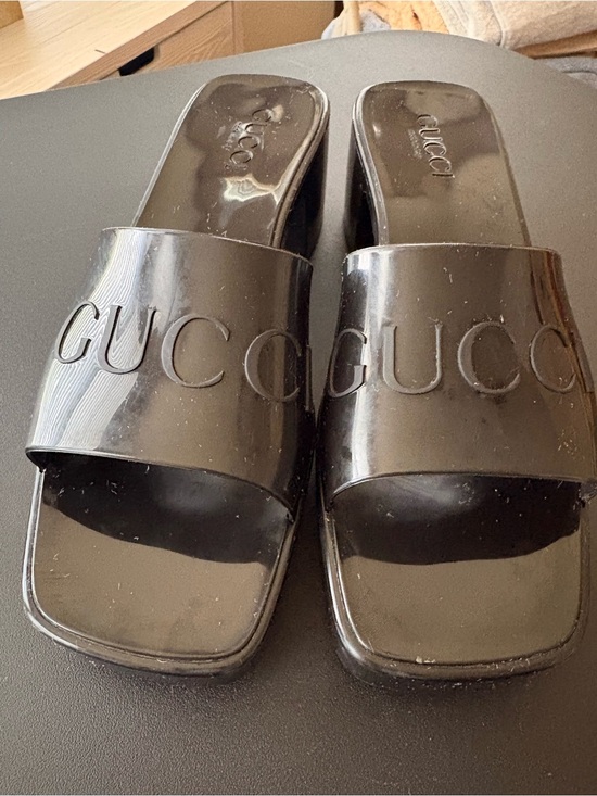 Gucci Shoes - Gucci Black Patent Logo Slide Mules